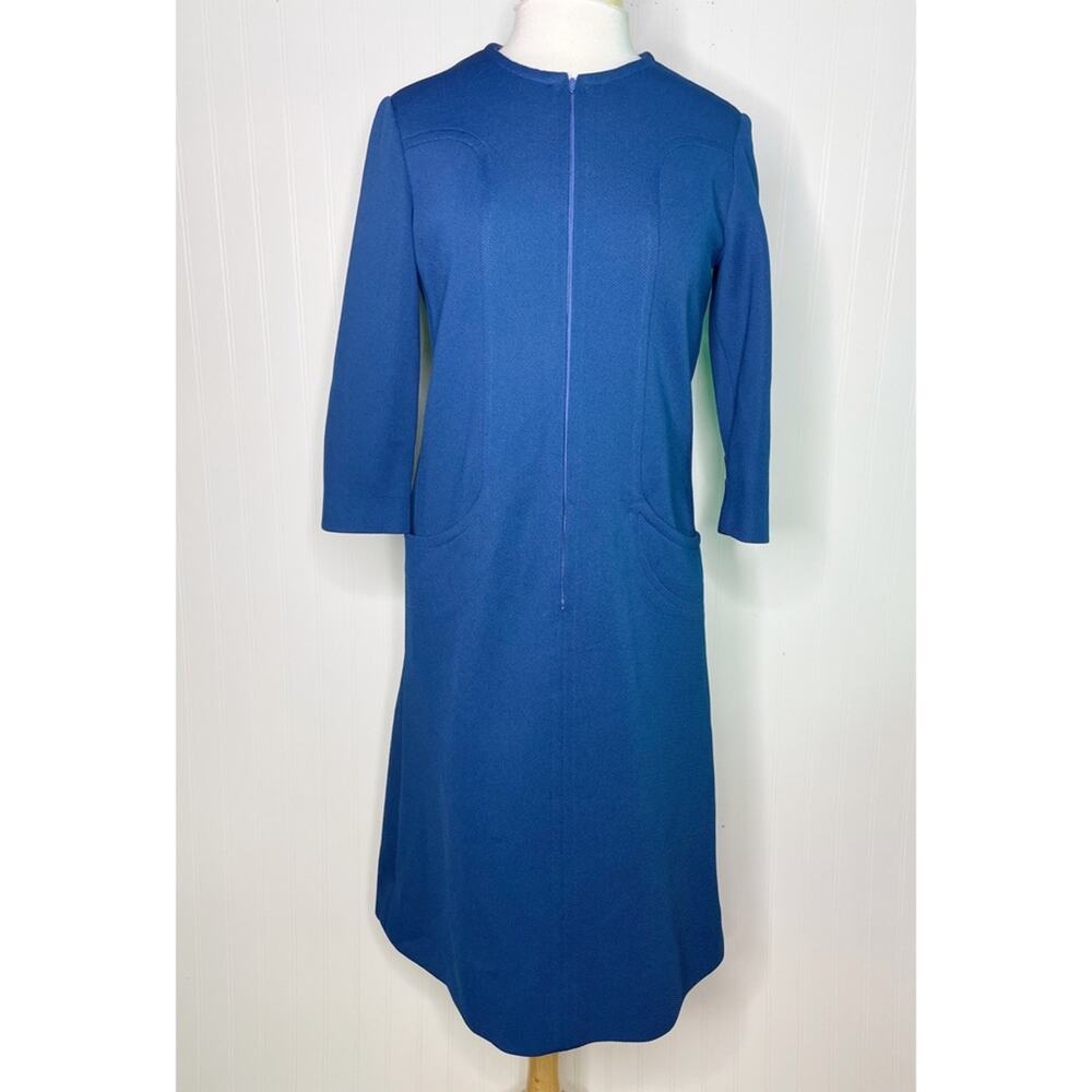 Vintage 60s/70s Navy Blue Polyester Shift Dress Pockets Zipper Women's M/L